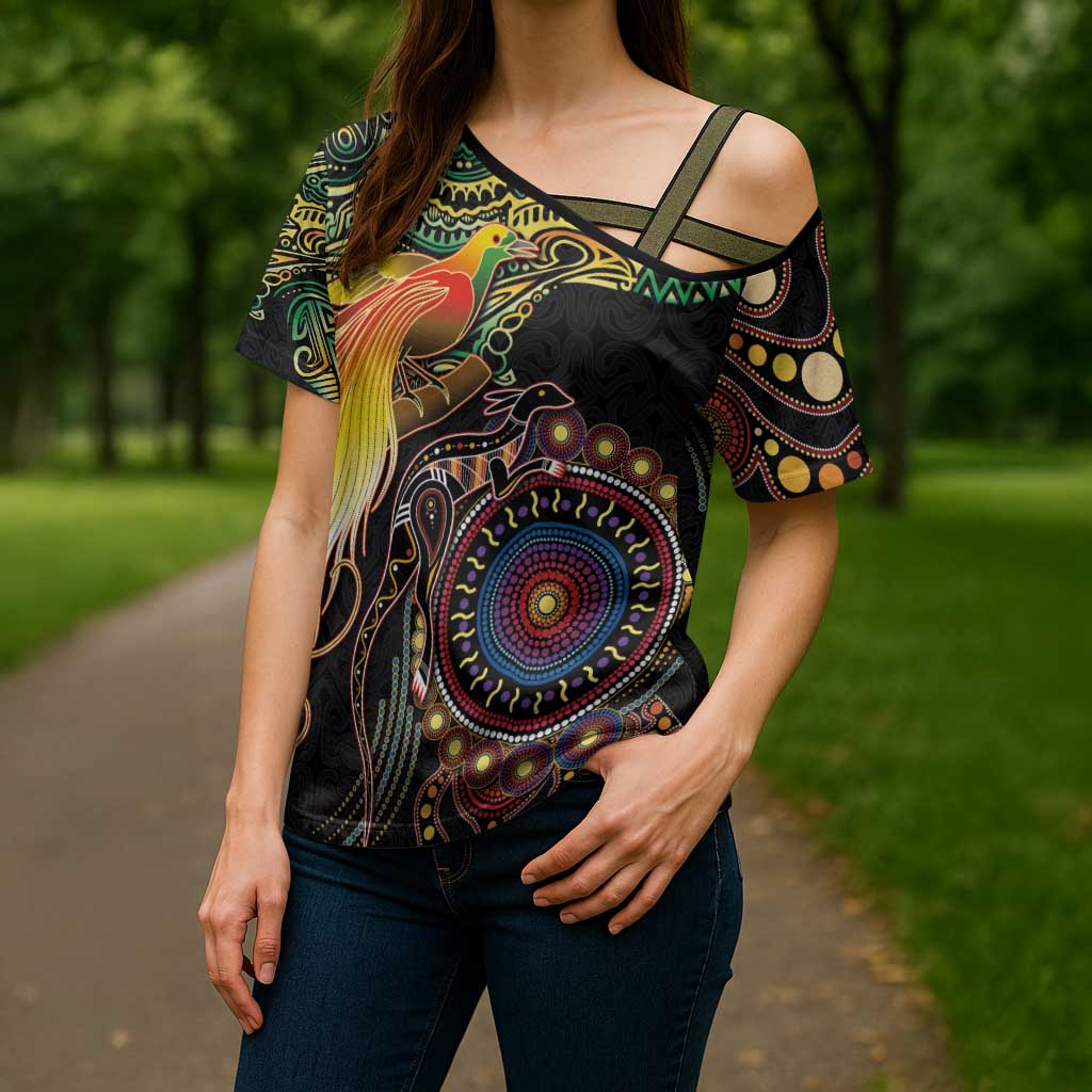 Papua New Guinea and Australia Together Cross Shoulder Shirt Bird of Paradise and Kangaroo Melanesian Aboriginal Motifs - Polynesian Pride