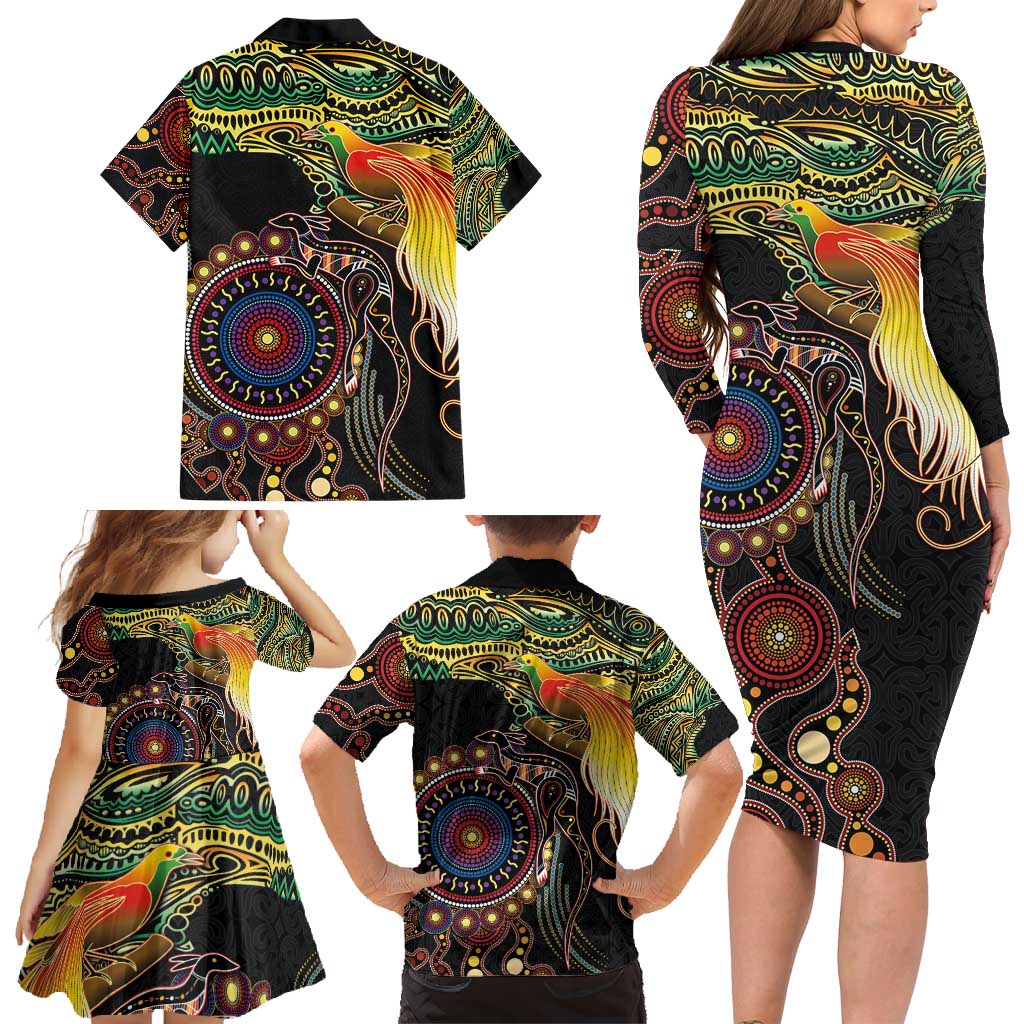 Papua New Guinea and Australia Together Family Matching Long Sleeve Bodycon Dress and Hawaiian Shirt Bird of Paradise and Kangaroo Melanesian Aboriginal Motifs - Polynesian Pride