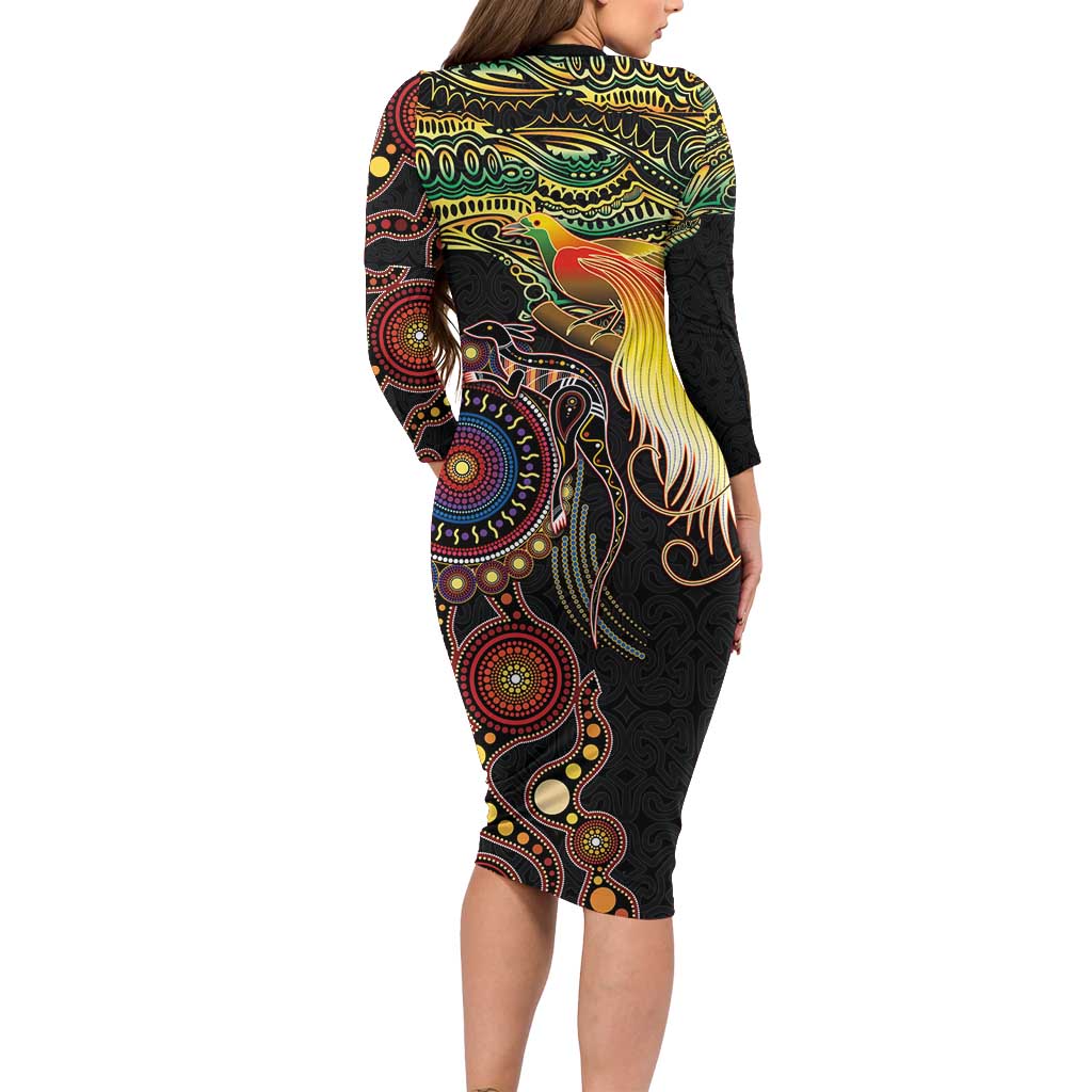 Papua New Guinea and Australia Together Family Matching Long Sleeve Bodycon Dress and Hawaiian Shirt Bird of Paradise and Kangaroo Melanesian Aboriginal Motifs - Polynesian Pride