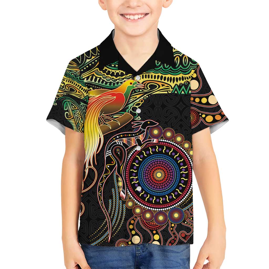 Papua New Guinea and Australia Together Family Matching Long Sleeve Bodycon Dress and Hawaiian Shirt Bird of Paradise and Kangaroo Melanesian Aboriginal Motifs - Polynesian Pride
