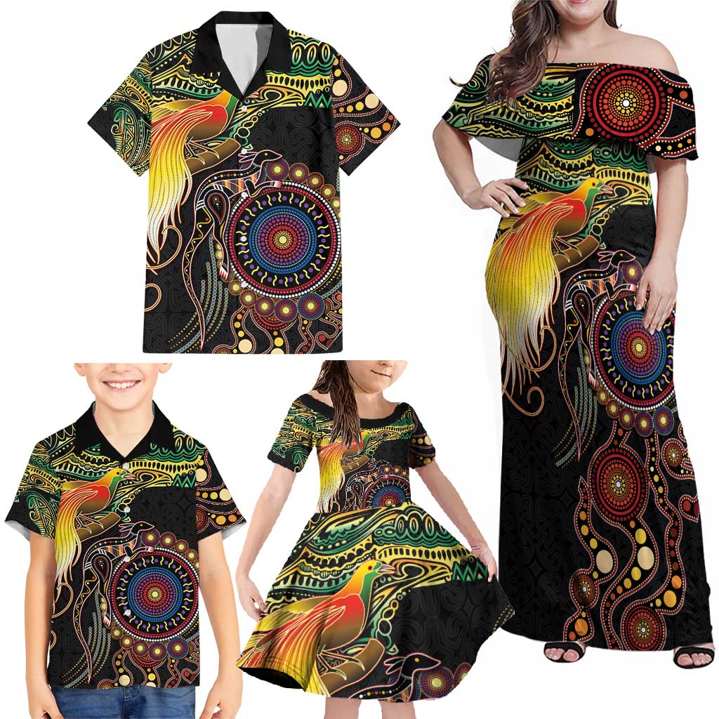 Papua New Guinea and Australia Together Family Matching Off Shoulder Maxi Dress and Hawaiian Shirt Bird of Paradise and Kangaroo Melanesian Aboriginal Motifs - Polynesian Pride