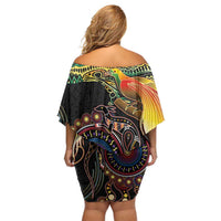 Papua New Guinea and Australia Together Family Matching Off Shoulder Short Dress and Hawaiian Shirt Bird of Paradise and Kangaroo Melanesian Aboriginal Motifs - Polynesian Pride