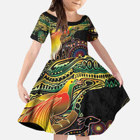 Papua New Guinea and Australia Together Family Matching Short Sleeve Bodycon Dress and Hawaiian Shirt Bird of Paradise and Kangaroo Melanesian Aboriginal Motifs - Polynesian Pride