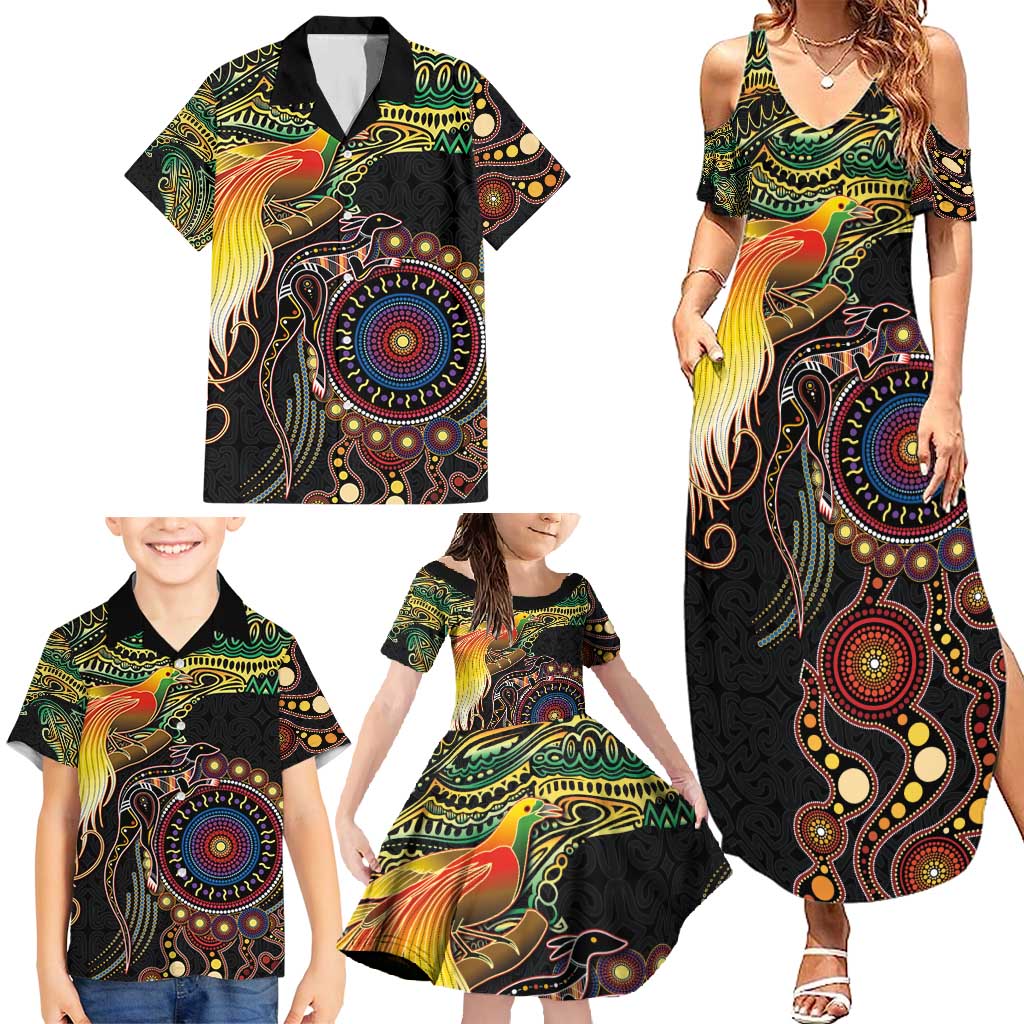 Papua New Guinea and Australia Together Family Matching Summer Maxi Dress and Hawaiian Shirt Bird of Paradise and Kangaroo Melanesian Aboriginal Motifs - Polynesian Pride