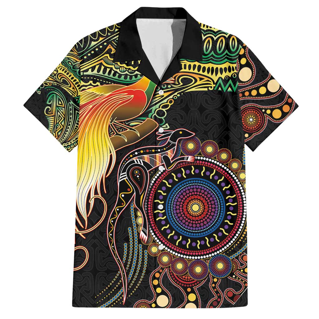 Papua New Guinea and Australia Together Family Matching Tank Maxi Dress and Hawaiian Shirt Bird of Paradise and Kangaroo Melanesian Aboriginal Motifs - Polynesian Pride