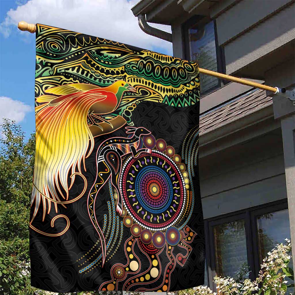 Papua New Guinea and Australia Together Garden Flag Bird of Paradise and Kangaroo Melanesian Aboriginal Motifs - Polynesian Pride