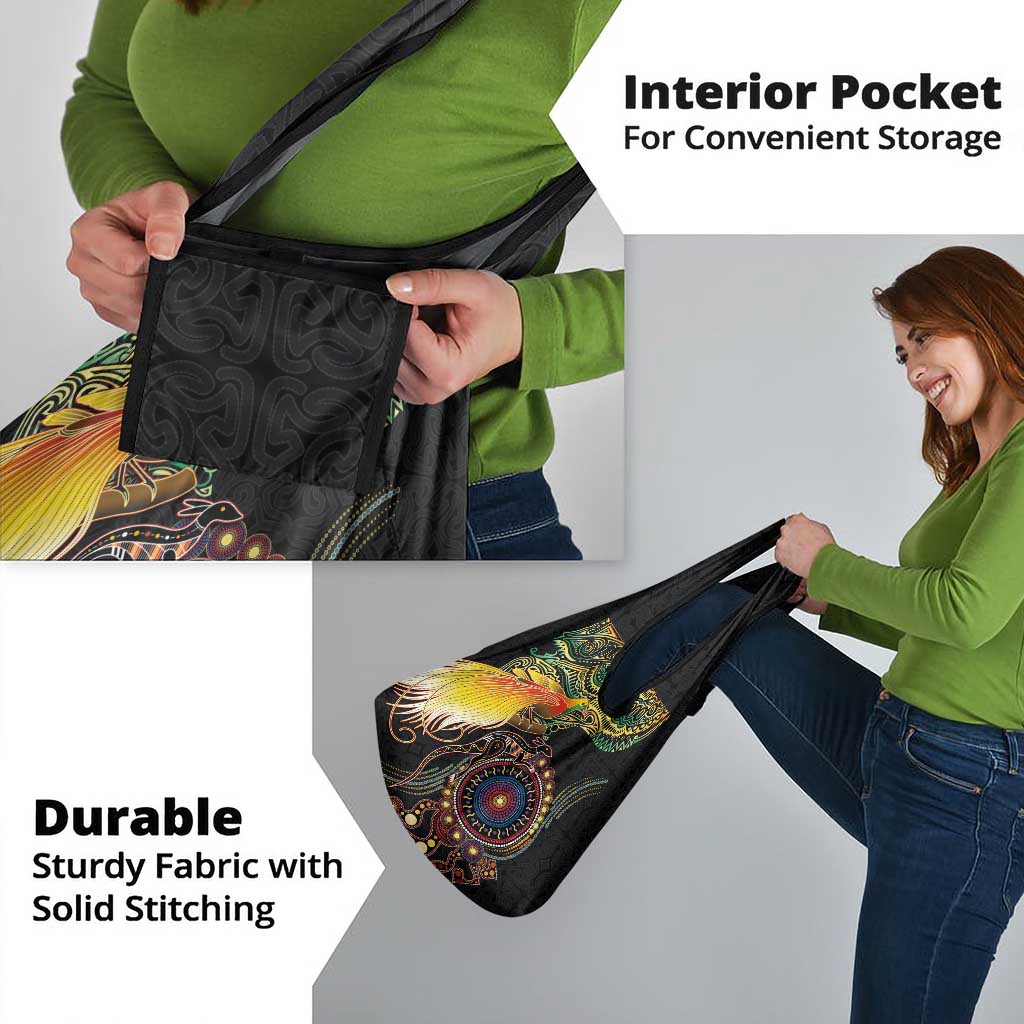 Papua New Guinea and Australia Together Grocery Bag Bird of Paradise and Kangaroo Melanesian Aboriginal Motifs - Polynesian Pride