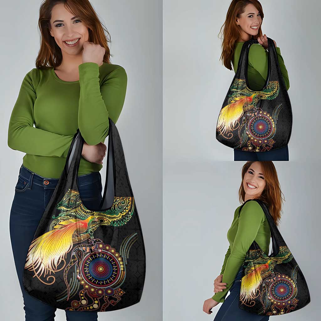 Papua New Guinea and Australia Together Grocery Bag Bird of Paradise and Kangaroo Melanesian Aboriginal Motifs - Polynesian Pride