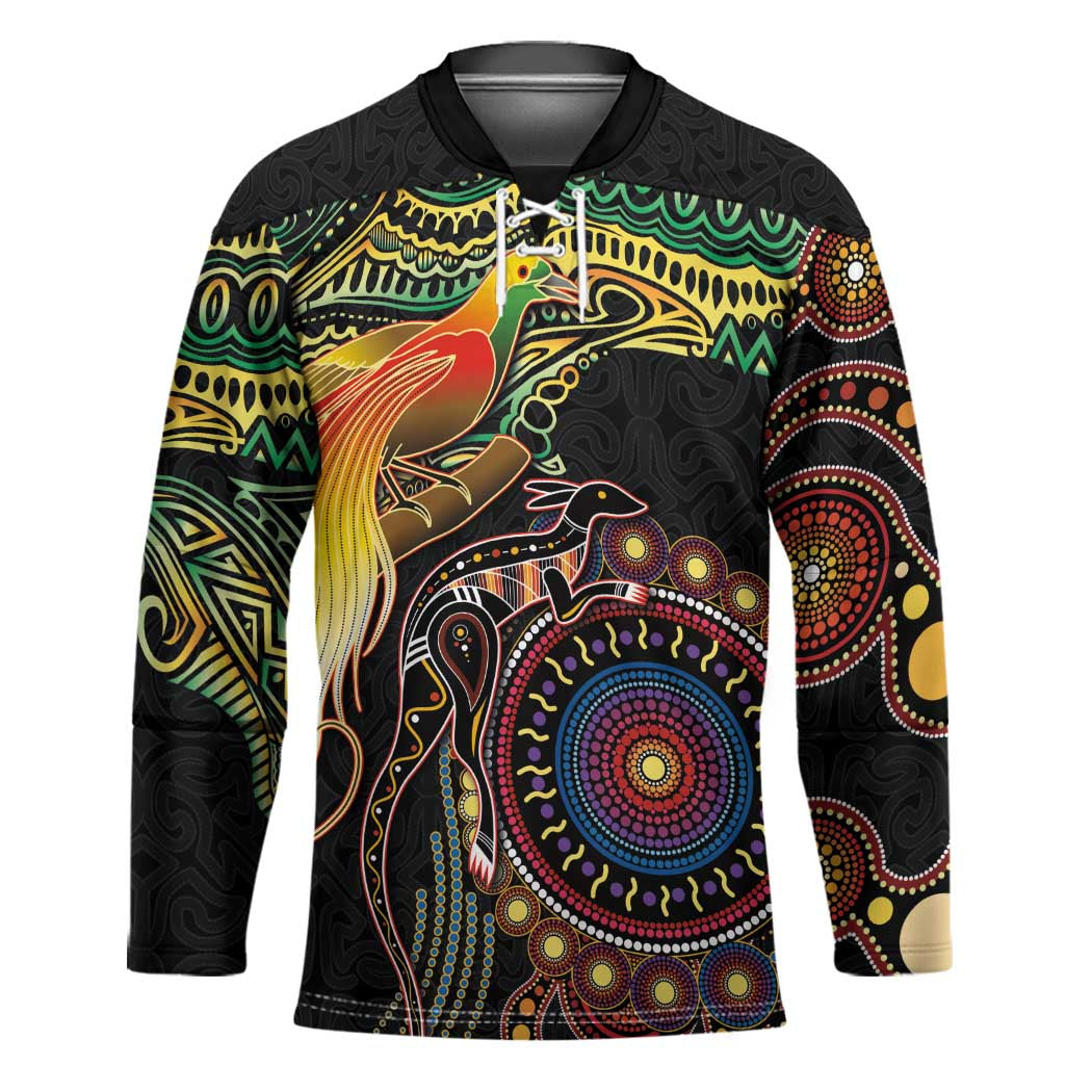 Papua New Guinea and Australia Together Hockey Jersey Bird of Paradise and Kangaroo Melanesian Aboriginal Motifs - Polynesian Pride