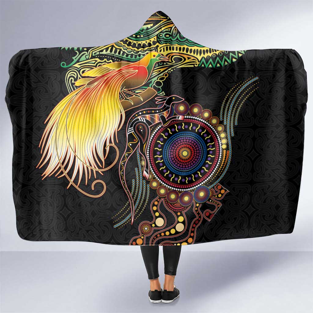 Papua New Guinea and Australia Together Hooded Blanket Bird of Paradise and Kangaroo Melanesian Aboriginal Motifs - Polynesian Pride