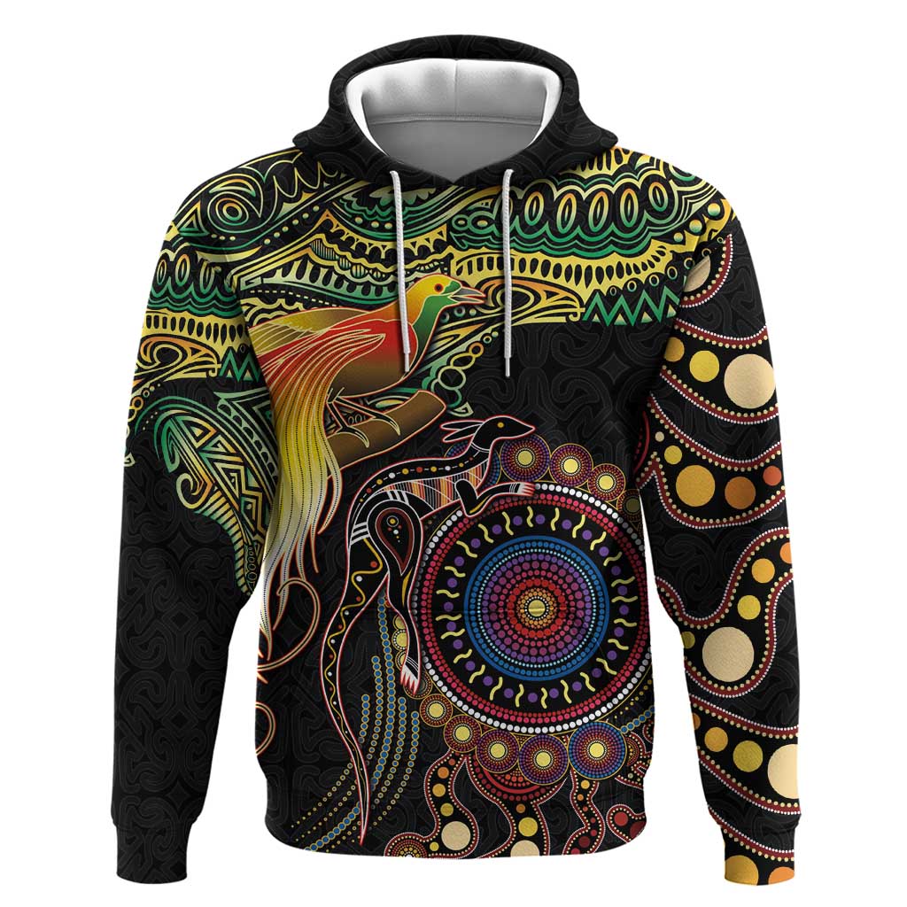 Papua New Guinea and Australia Together Hoodie Bird of Paradise and Kangaroo Melanesian Aboriginal Motifs - Polynesian Pride