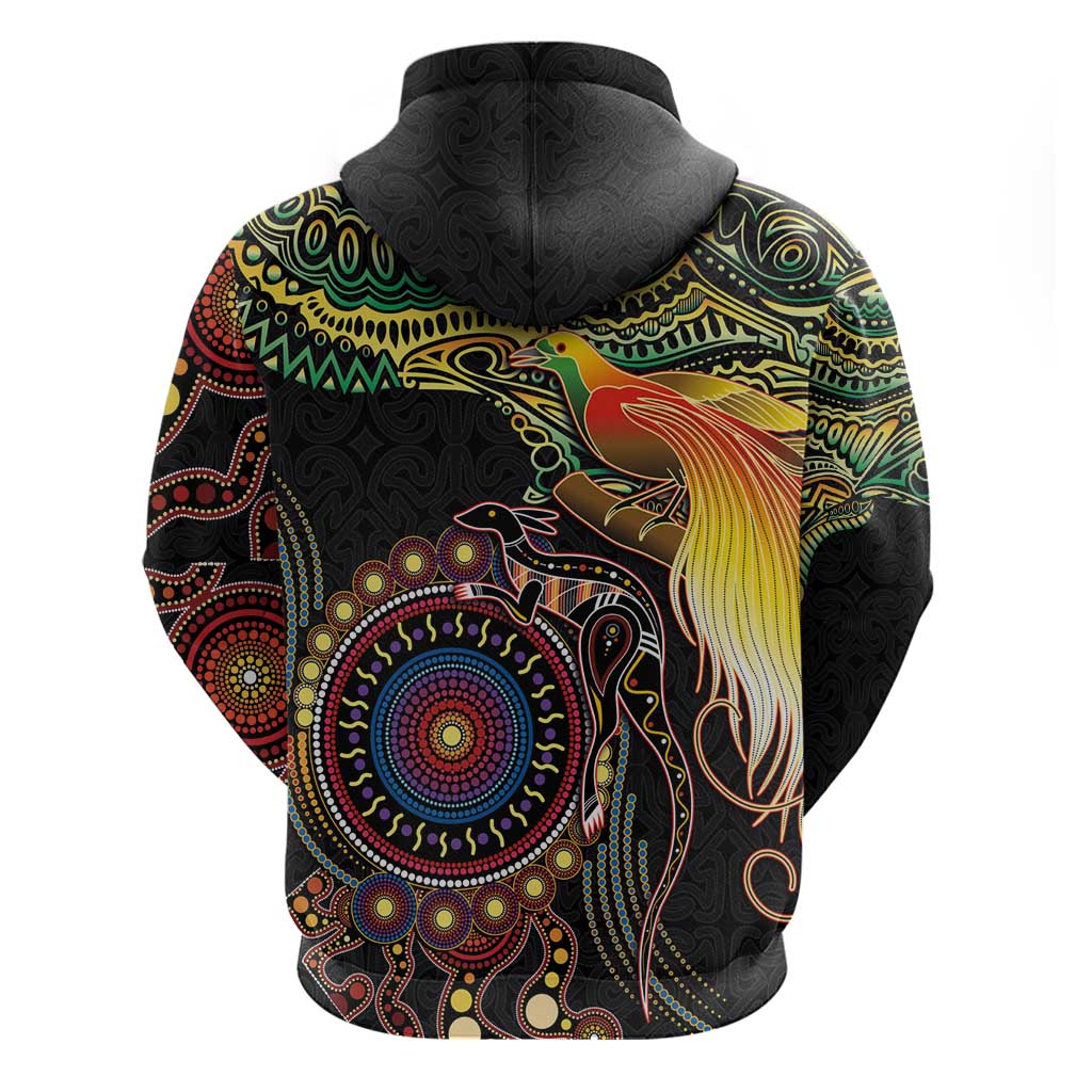 Papua New Guinea and Australia Together Hoodie Bird of Paradise and Kangaroo Melanesian Aboriginal Motifs - Polynesian Pride