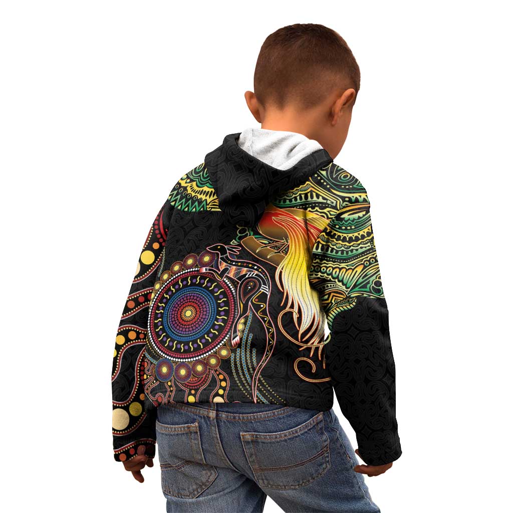 Papua New Guinea and Australia Together Kid Hoodie Bird of Paradise and Kangaroo Melanesian Aboriginal Motifs - Polynesian Pride