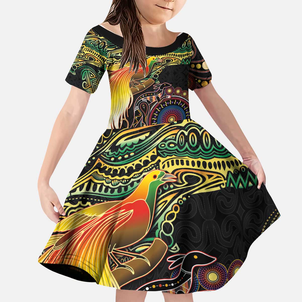Papua New Guinea and Australia Together Kid Short Sleeve Dress Bird of Paradise and Kangaroo Melanesian Aboriginal Motifs - Polynesian Pride