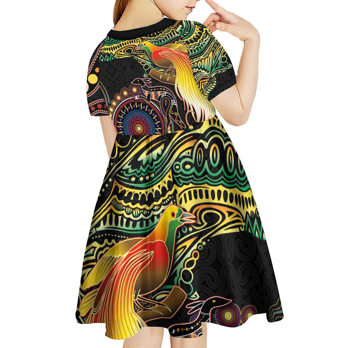 Papua New Guinea and Australia Together Kid Short Sleeve Dress Bird of Paradise and Kangaroo Melanesian Aboriginal Motifs - Polynesian Pride
