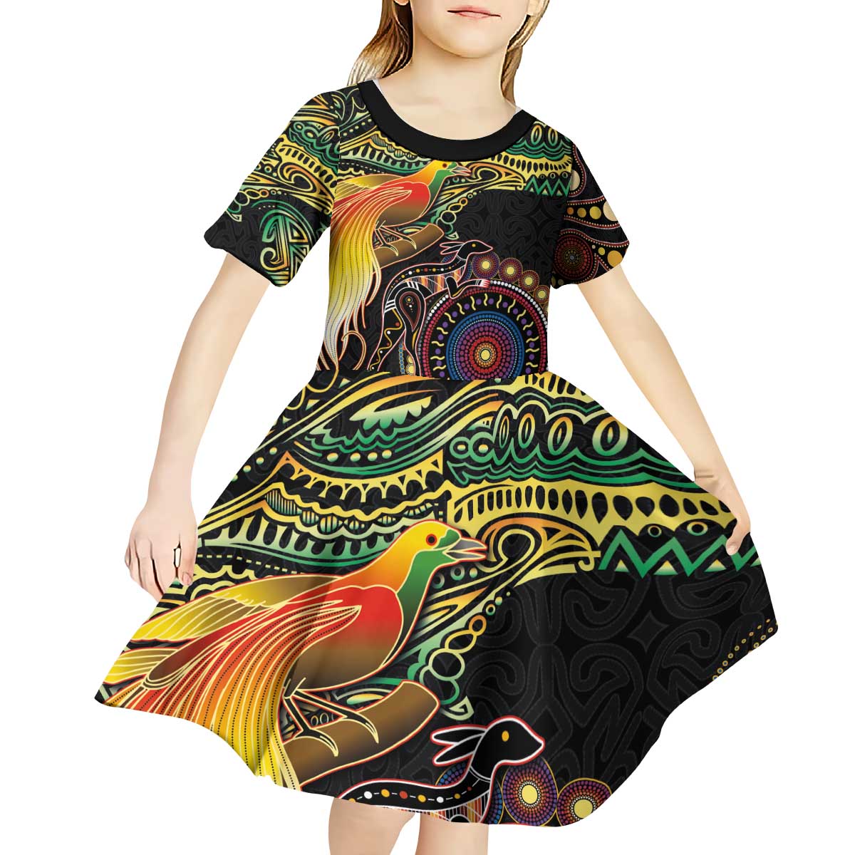 Papua New Guinea and Australia Together Kid Short Sleeve Dress Bird of Paradise and Kangaroo Melanesian Aboriginal Motifs - Polynesian Pride