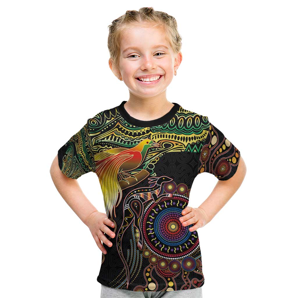 Papua New Guinea and Australia Together Kid T Shirt Bird of Paradise and Kangaroo Melanesian Aboriginal Motifs - Polynesian Pride