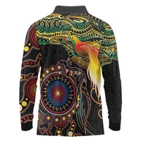 Papua New Guinea and Australia Together Long Sleeve Polo Shirt Bird of Paradise and Kangaroo Melanesian Aboriginal Motifs - Polynesian Pride