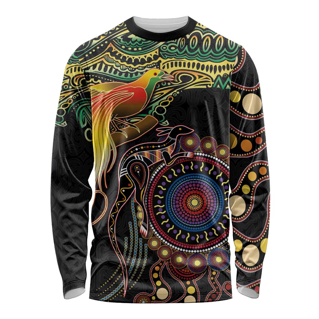 Papua New Guinea and Australia Together Long Sleeve Shirt Bird of Paradise and Kangaroo Melanesian Aboriginal Motifs - Polynesian Pride