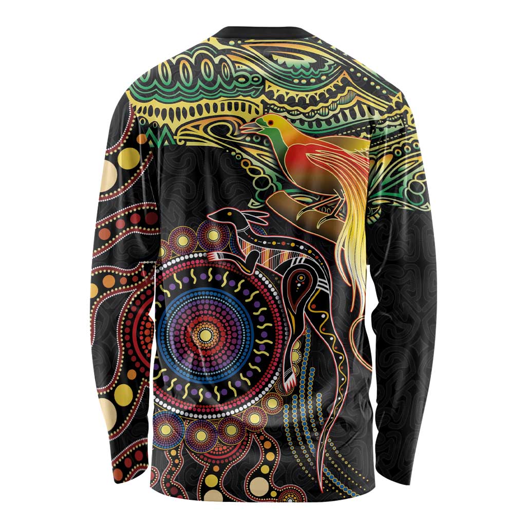 Papua New Guinea and Australia Together Long Sleeve Shirt Bird of Paradise and Kangaroo Melanesian Aboriginal Motifs - Polynesian Pride