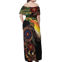 Papua New Guinea and Australia Together Off Shoulder Maxi Dress Bird of Paradise and Kangaroo Melanesian Aboriginal Motifs - Polynesian Pride