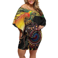 Papua New Guinea and Australia Together Off Shoulder Short Dress Bird of Paradise and Kangaroo Melanesian Aboriginal Motifs - Polynesian Pride