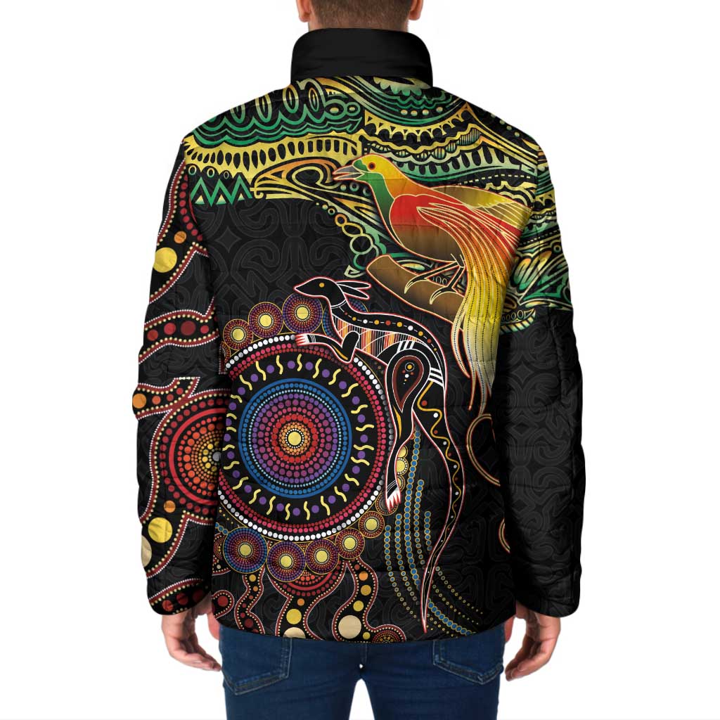 Papua New Guinea and Australia Together Padded Jacket Bird of Paradise and Kangaroo Melanesian Aboriginal Motifs - Polynesian Pride