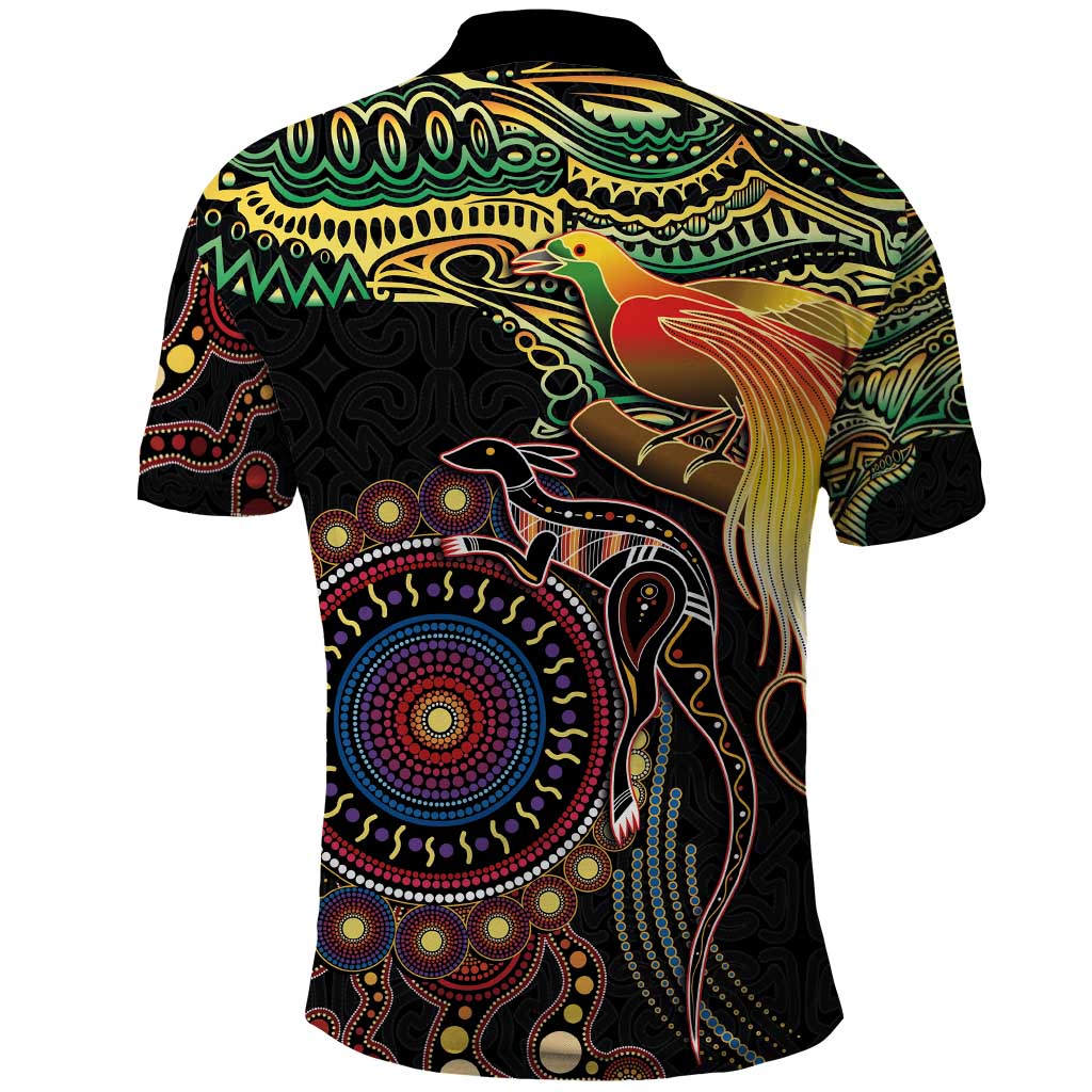 Papua New Guinea and Australia Together Polo Shirt Bird of Paradise and Kangaroo Melanesian Aboriginal Motifs - Polynesian Pride