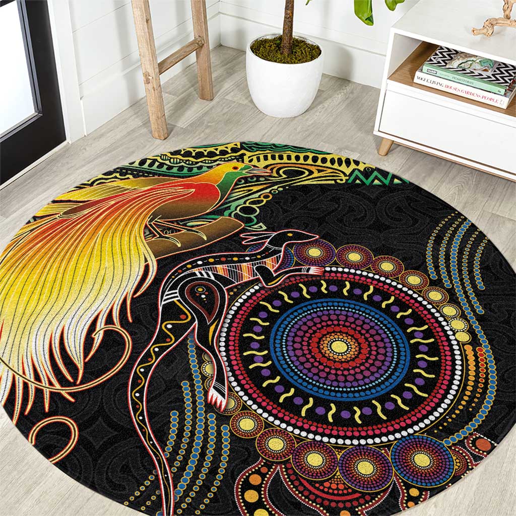 Papua New Guinea and Australia Together Round Carpet Bird of Paradise and Kangaroo Melanesian Aboriginal Motifs - Polynesian Pride