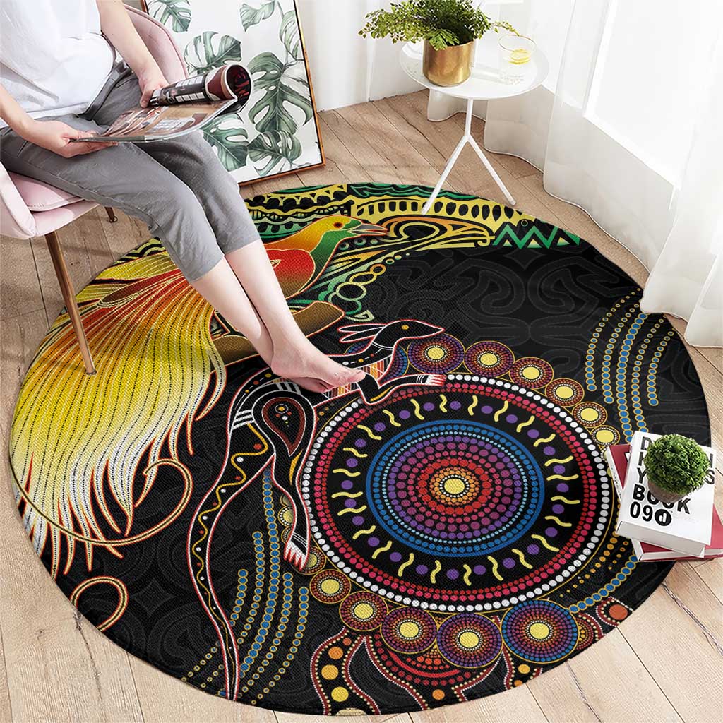 Papua New Guinea and Australia Together Round Carpet Bird of Paradise and Kangaroo Melanesian Aboriginal Motifs - Polynesian Pride
