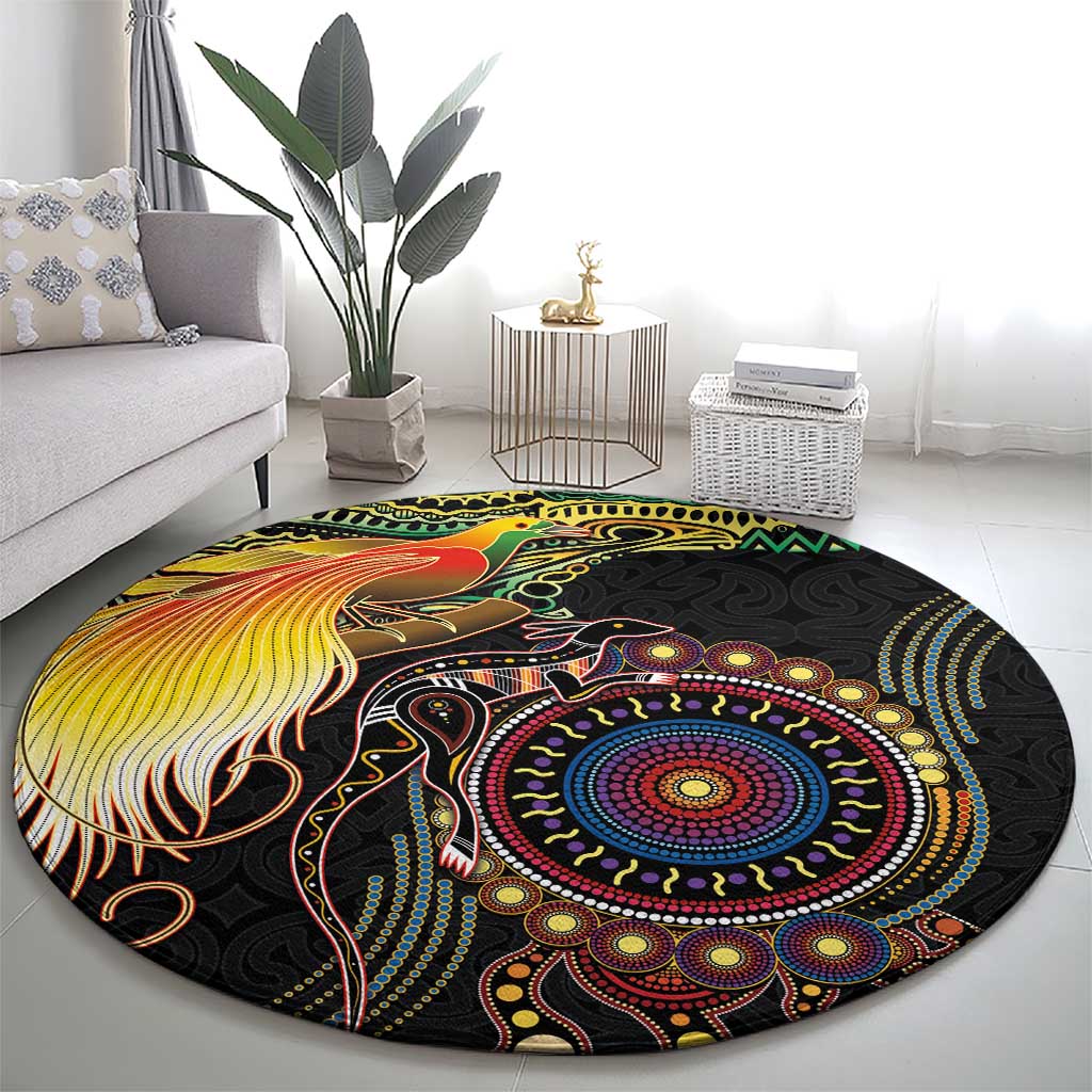Papua New Guinea and Australia Together Round Carpet Bird of Paradise and Kangaroo Melanesian Aboriginal Motifs - Polynesian Pride