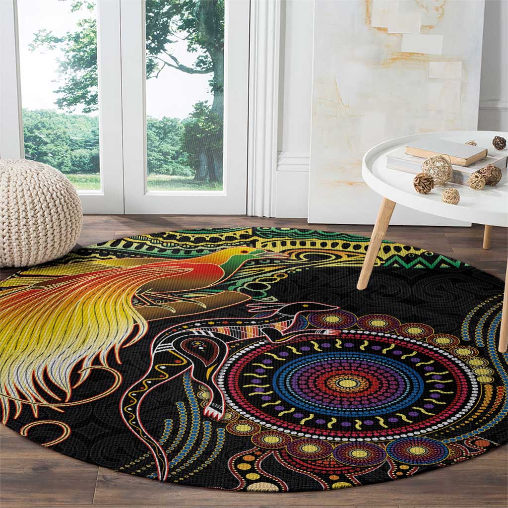 Papua New Guinea and Australia Together Round Carpet Bird of Paradise and Kangaroo Melanesian Aboriginal Motifs - Polynesian Pride