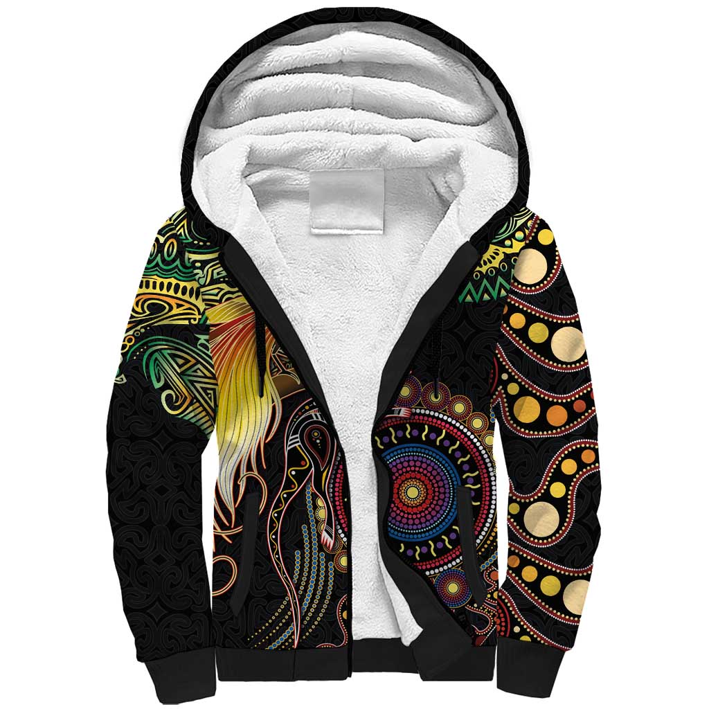Papua New Guinea and Australia Together Sherpa Hoodie Bird of Paradise and Kangaroo Melanesian Aboriginal Motifs - Polynesian Pride