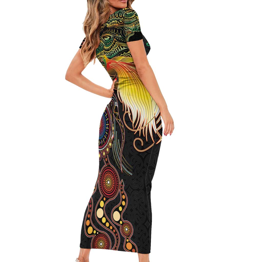 Papua New Guinea and Australia Together Short Sleeve Bodycon Dress Bird of Paradise and Kangaroo Melanesian Aboriginal Motifs - Polynesian Pride