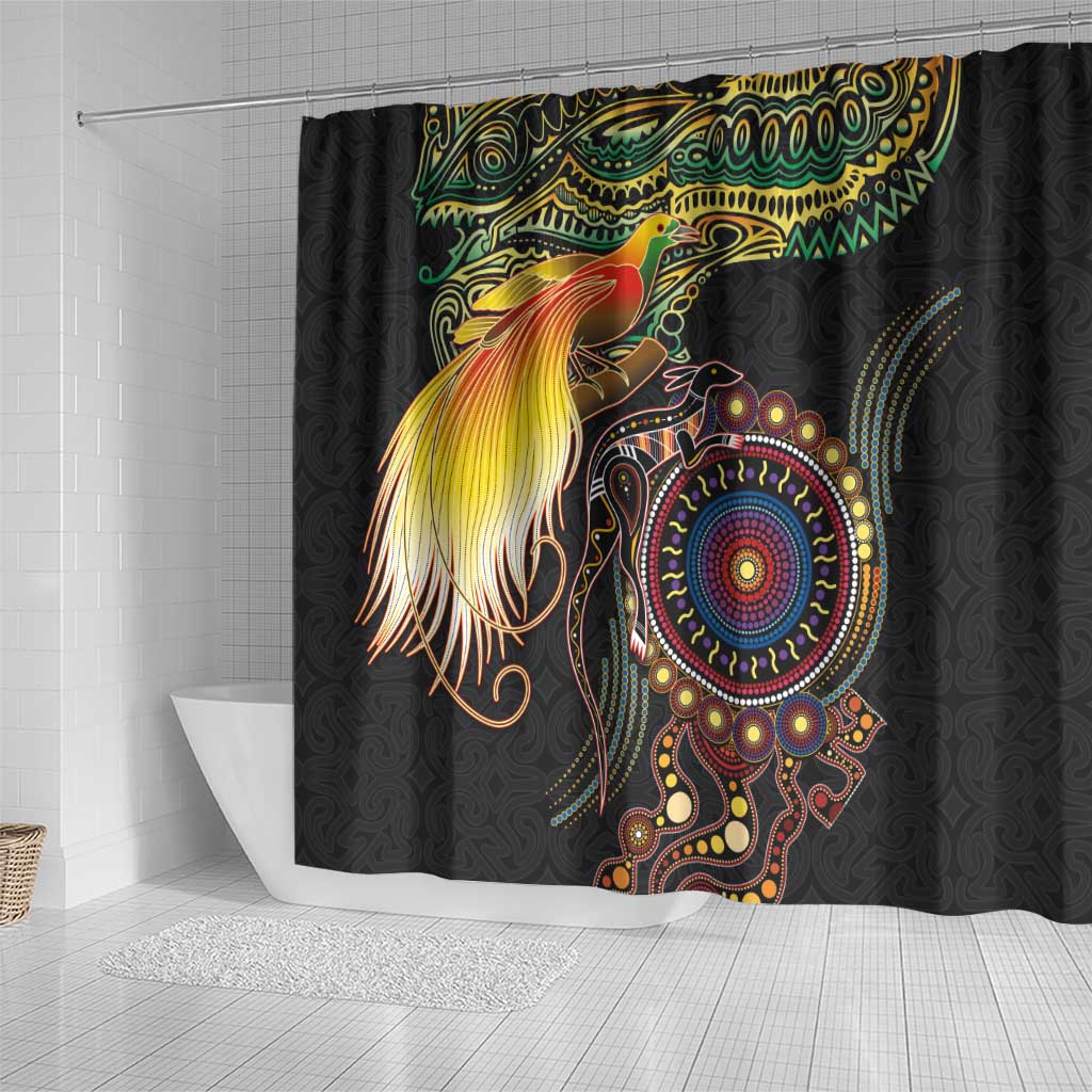 Papua New Guinea and Australia Together Shower Curtain Bird of Paradise and Kangaroo Melanesian Aboriginal Motifs - Polynesian Pride