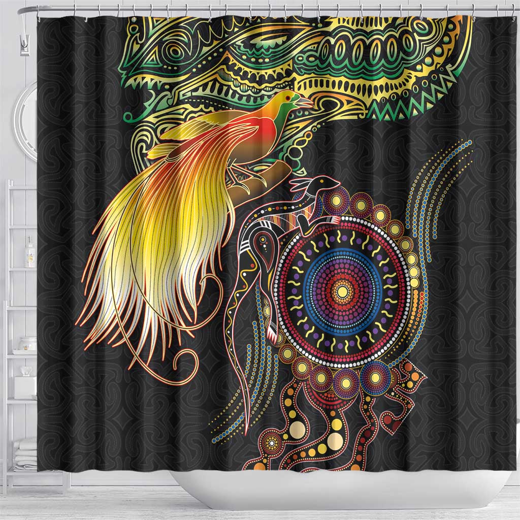 Papua New Guinea and Australia Together Shower Curtain Bird of Paradise and Kangaroo Melanesian Aboriginal Motifs - Polynesian Pride