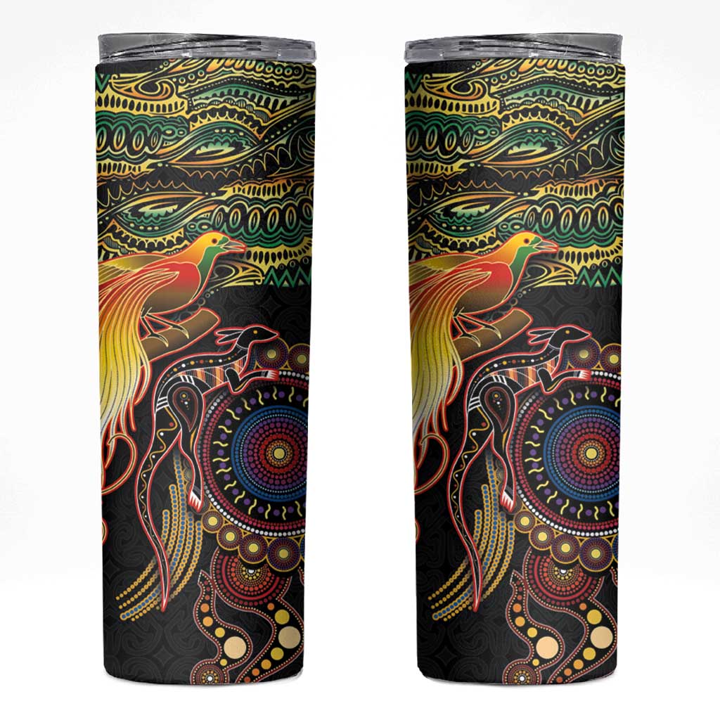 Papua New Guinea and Australia Together Skinny Tumbler Bird of Paradise and Kangaroo Melanesian Aboriginal Motifs - Polynesian Pride