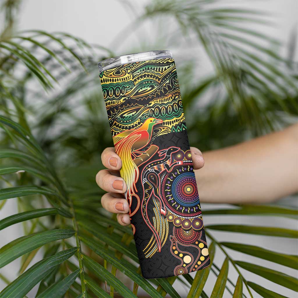 Papua New Guinea and Australia Together Skinny Tumbler Bird of Paradise and Kangaroo Melanesian Aboriginal Motifs - Polynesian Pride