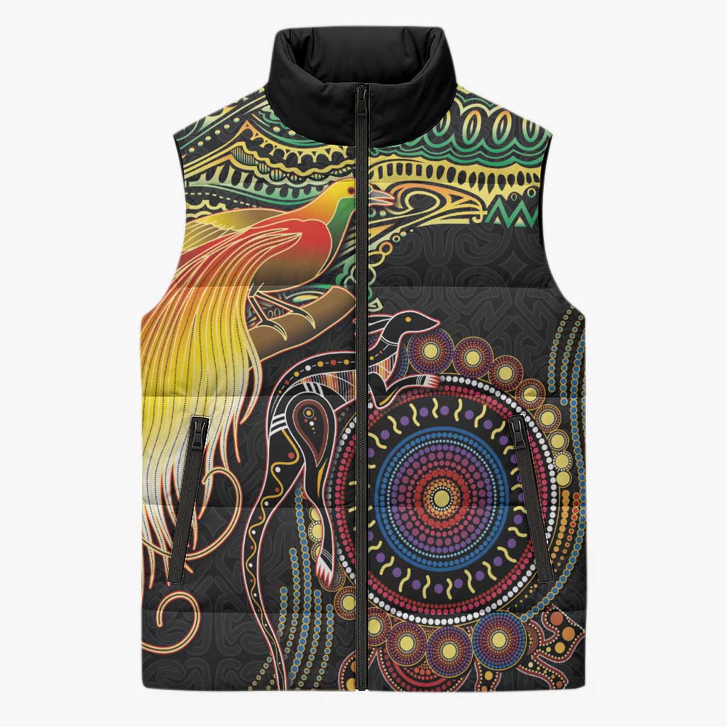 Papua New Guinea and Australia Together Sleeveless Puffer Jacket Bird of Paradise and Kangaroo Melanesian Aboriginal Motifs - Polynesian Pride