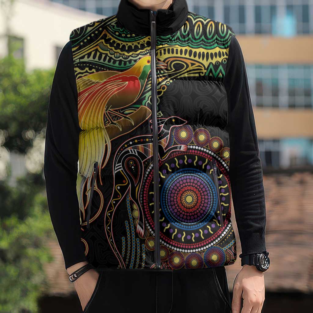 Papua New Guinea and Australia Together Sleeveless Puffer Jacket Bird of Paradise and Kangaroo Melanesian Aboriginal Motifs - Polynesian Pride