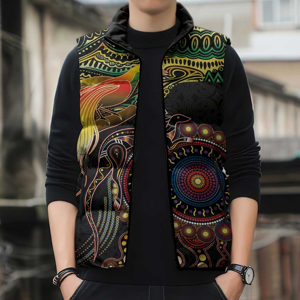 Papua New Guinea and Australia Together Sleeveless Puffer Jacket Bird of Paradise and Kangaroo Melanesian Aboriginal Motifs - Polynesian Pride