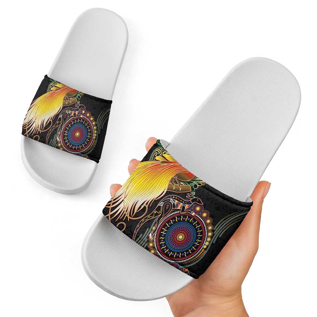 Papua New Guinea and Australia Together Slide Sandals Bird of Paradise and Kangaroo Melanesian Aboriginal Motifs - Polynesian Pride