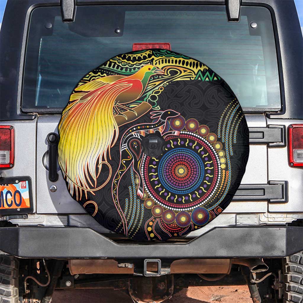 Papua New Guinea and Australia Together Spare Tire Cover Bird of Paradise and Kangaroo Melanesian Aboriginal Motifs - Polynesian Pride