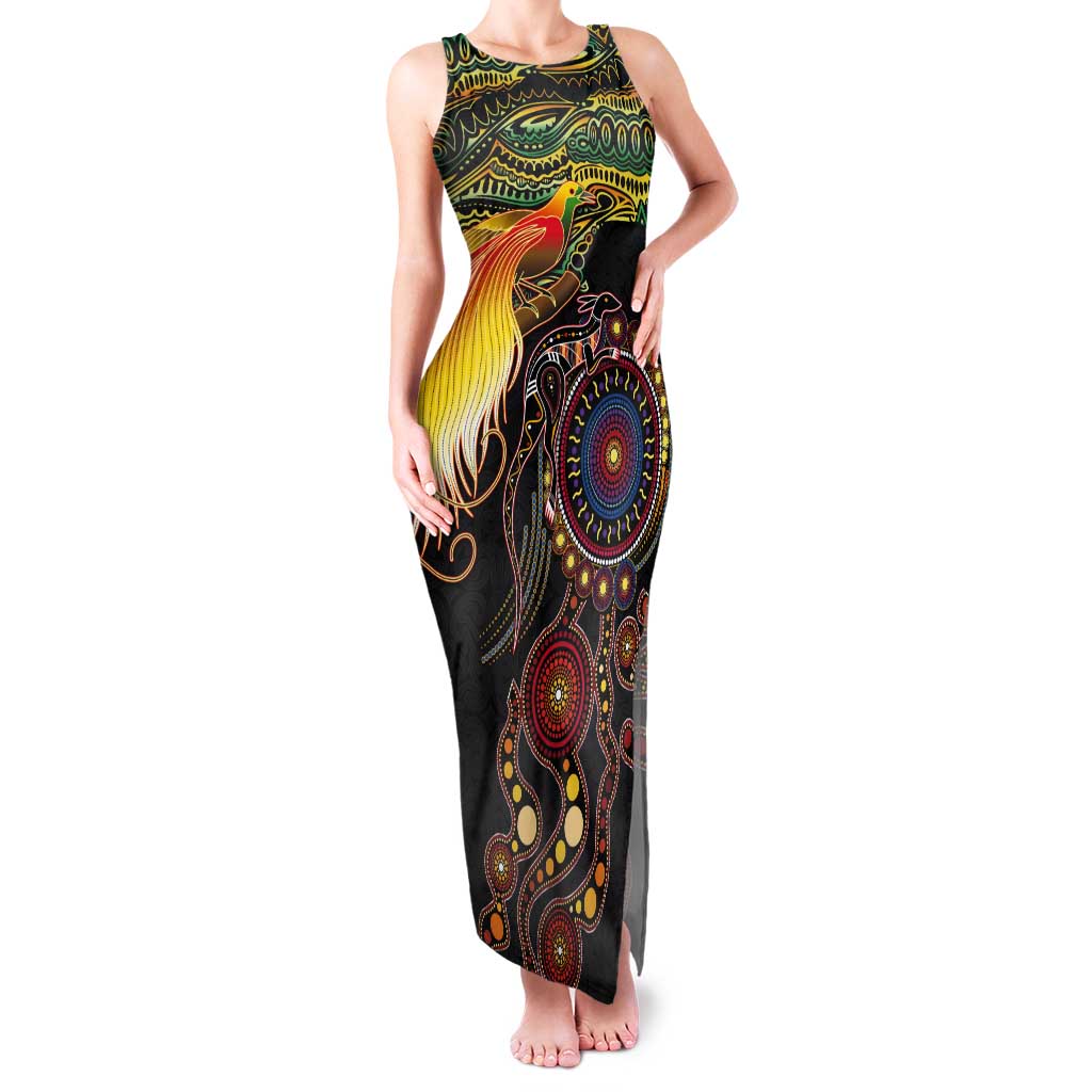 Papua New Guinea and Australia Together Tank Maxi Dress Bird of Paradise and Kangaroo Melanesian Aboriginal Motifs - Polynesian Pride