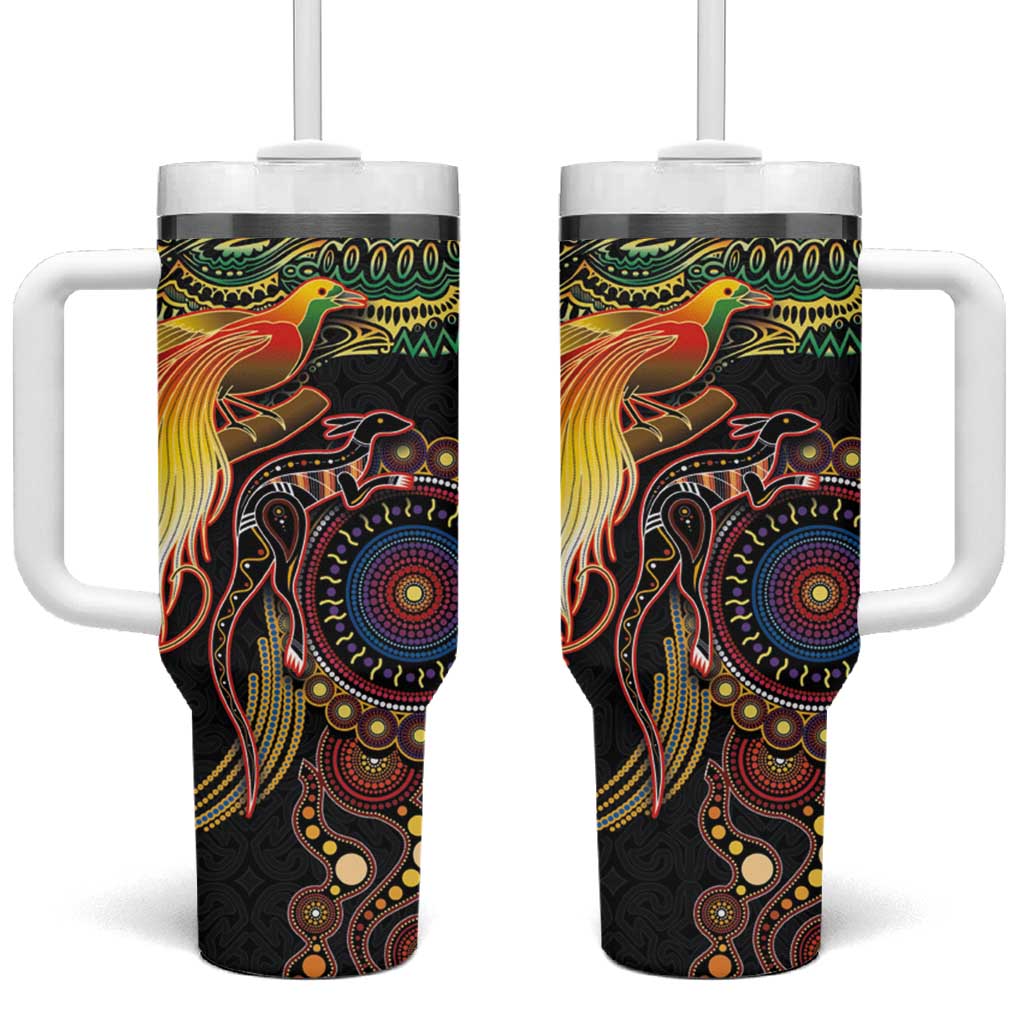 Papua New Guinea and Australia Together Tumbler With Handle Bird of Paradise and Kangaroo Melanesian Aboriginal Motifs - Polynesian Pride