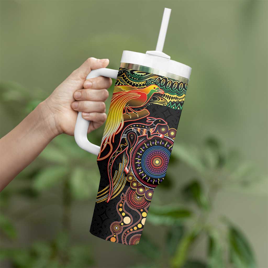 Papua New Guinea and Australia Together Tumbler With Handle Bird of Paradise and Kangaroo Melanesian Aboriginal Motifs - Polynesian Pride