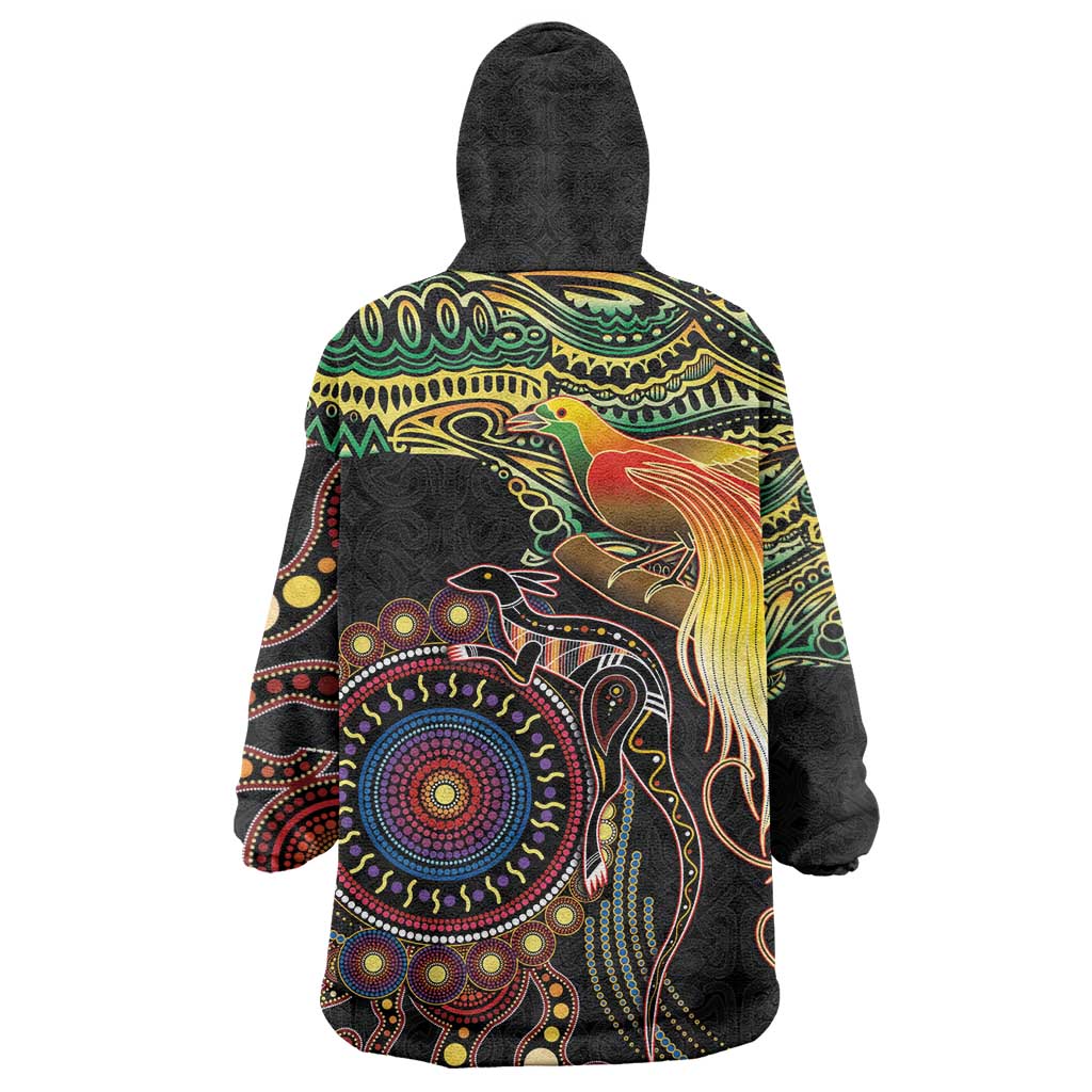 Papua New Guinea and Australia Together Wearable Blanket Hoodie Bird of Paradise and Kangaroo Melanesian Aboriginal Motifs - Polynesian Pride