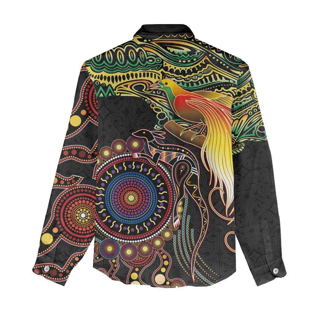 Papua New Guinea and Australia Together Women Casual Shirt Bird of Paradise and Kangaroo Melanesian Aboriginal Motifs - Polynesian Pride