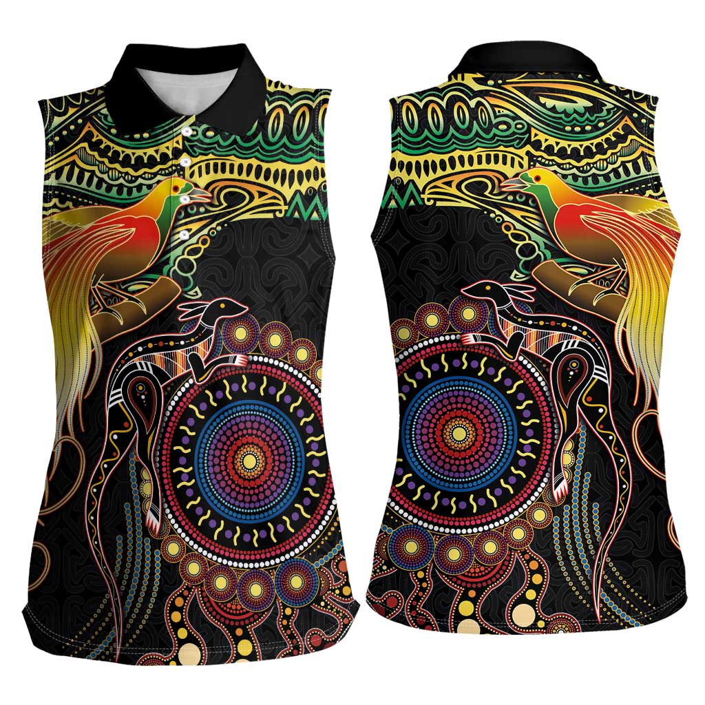 Papua New Guinea and Australia Together Women Sleeveless Polo Shirt Bird of Paradise and Kangaroo Melanesian Aboriginal Motifs - Polynesian Pride