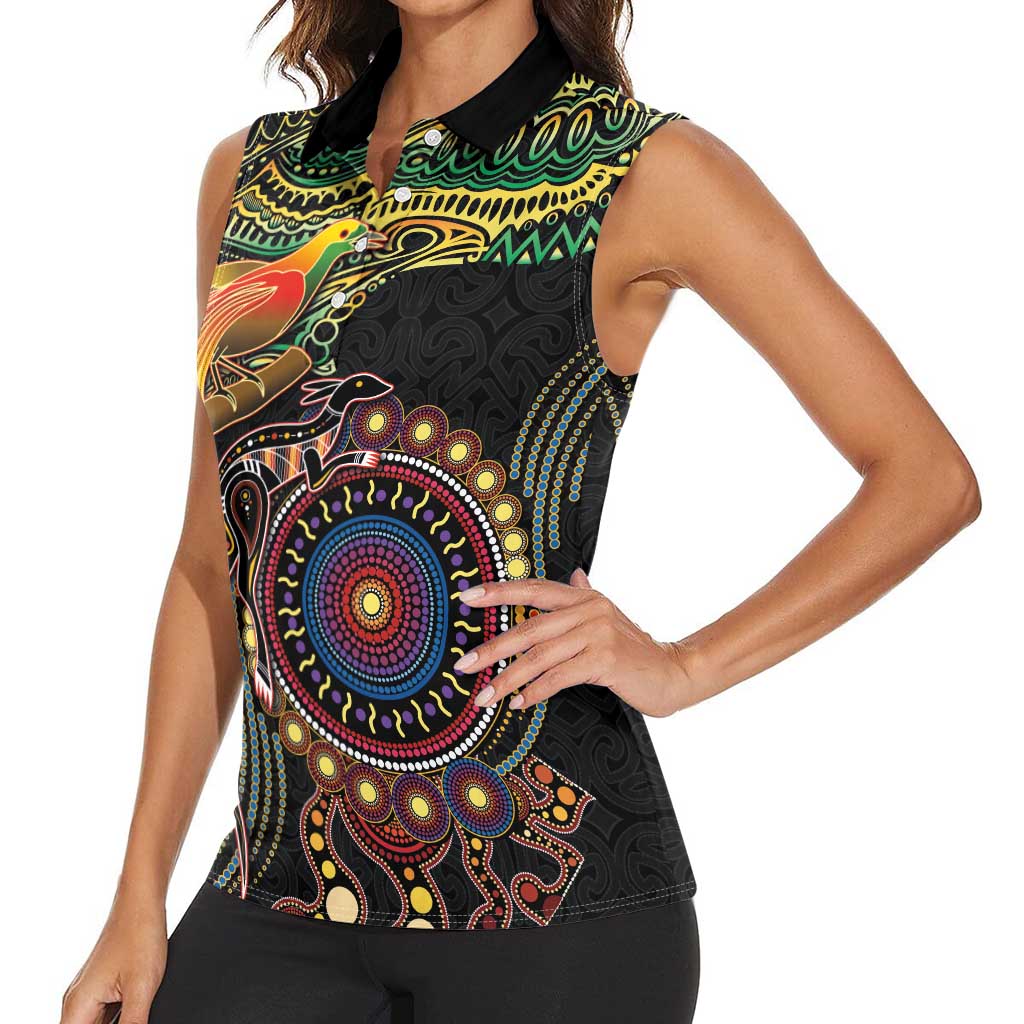 Papua New Guinea and Australia Together Women Sleeveless Polo Shirt Bird of Paradise and Kangaroo Melanesian Aboriginal Motifs - Polynesian Pride